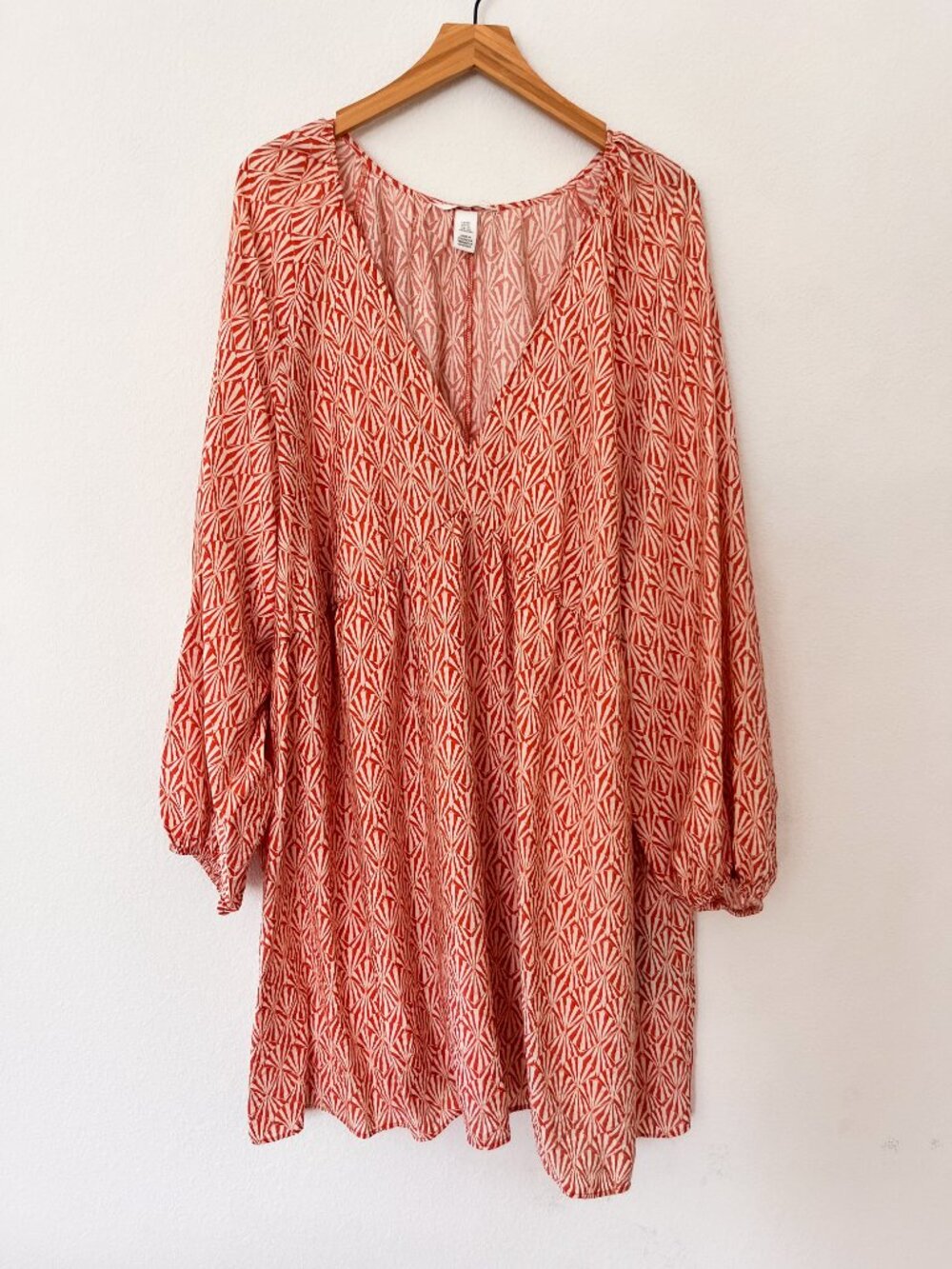 H&M Orange Print A-Line Mini Dress XXL Balloon Sleeve V-Neck Loose Fit - Picture 3 of 7
